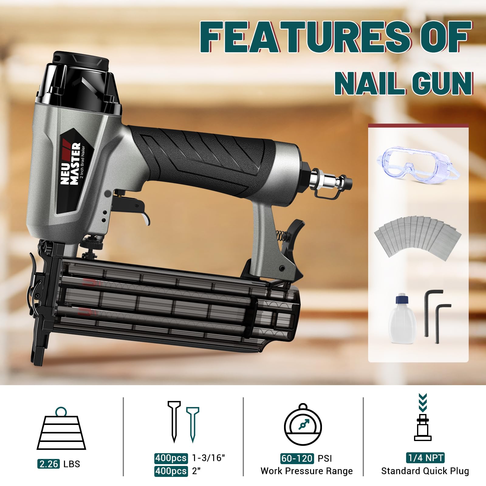 NEU MASTER 18 Gauge Pneumatic Brad Nailer - Professional Nail Gun for Woodworking & Carpentry (Fires 5/8