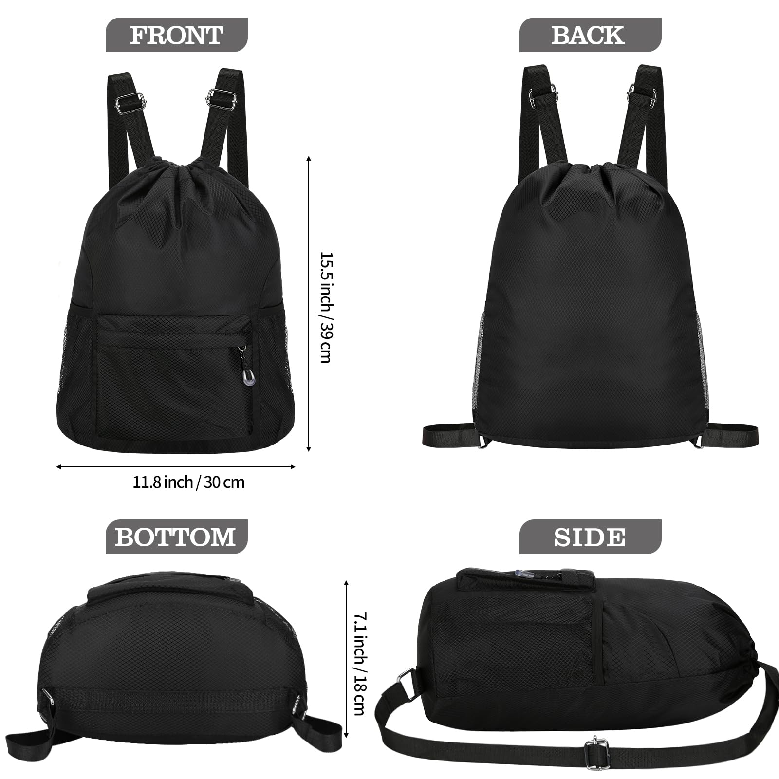 Waterproof Drawstring Backpack - Lightweight Gym Sack with Water Bottle Holder & Pockets for Sports, Travel, Hiking & Outdoor Activities (Black)