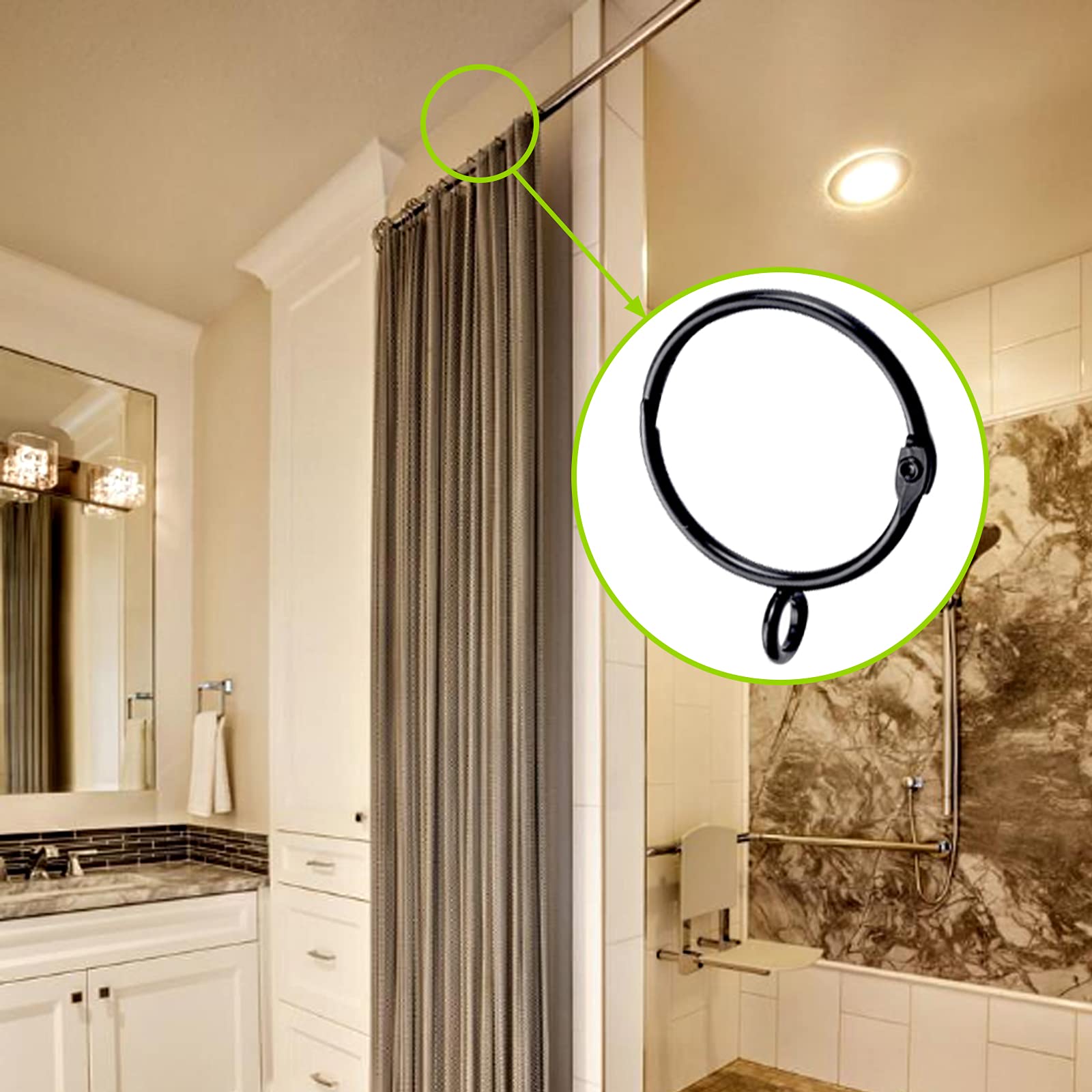 28 Pack Black Metal Curtain Rings with Eyelets - Rustproof Drapery Hooks for Curtains (50mm Inner Diameter) - Easy Open/Close Design for Living Room, Bedroom & Window Decor