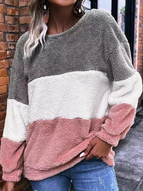 Stylish Color Block Round Neck Long Sleeve Sweatshirt for Women | Trendy Pullover Casual Wear | Perfect for Fall & Winter Outfits, Lounge Wear, and Street Style Fashion