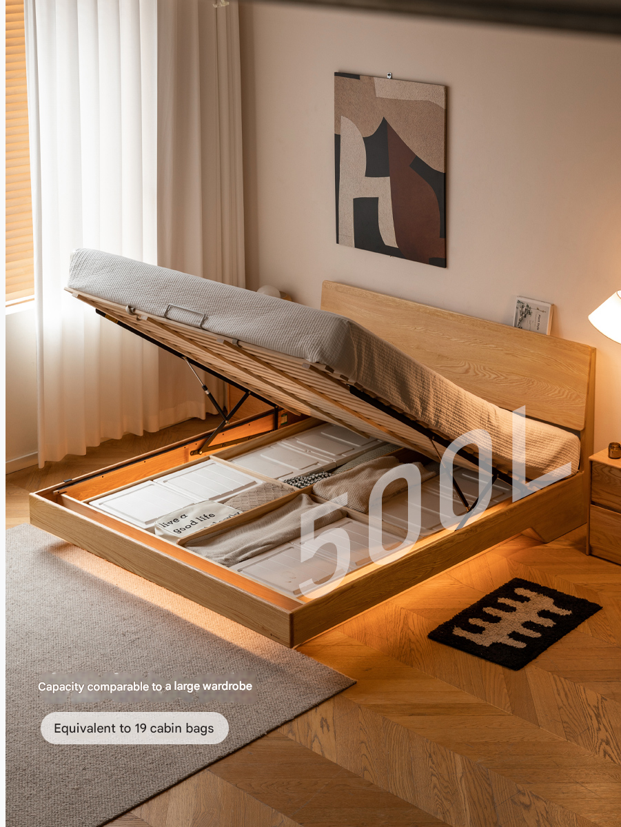 Solid Oak & Black Walnut Wood Floating Platform Bed with LED Lighting - Modern Bedroom Furniture for Contemporary Home Decor