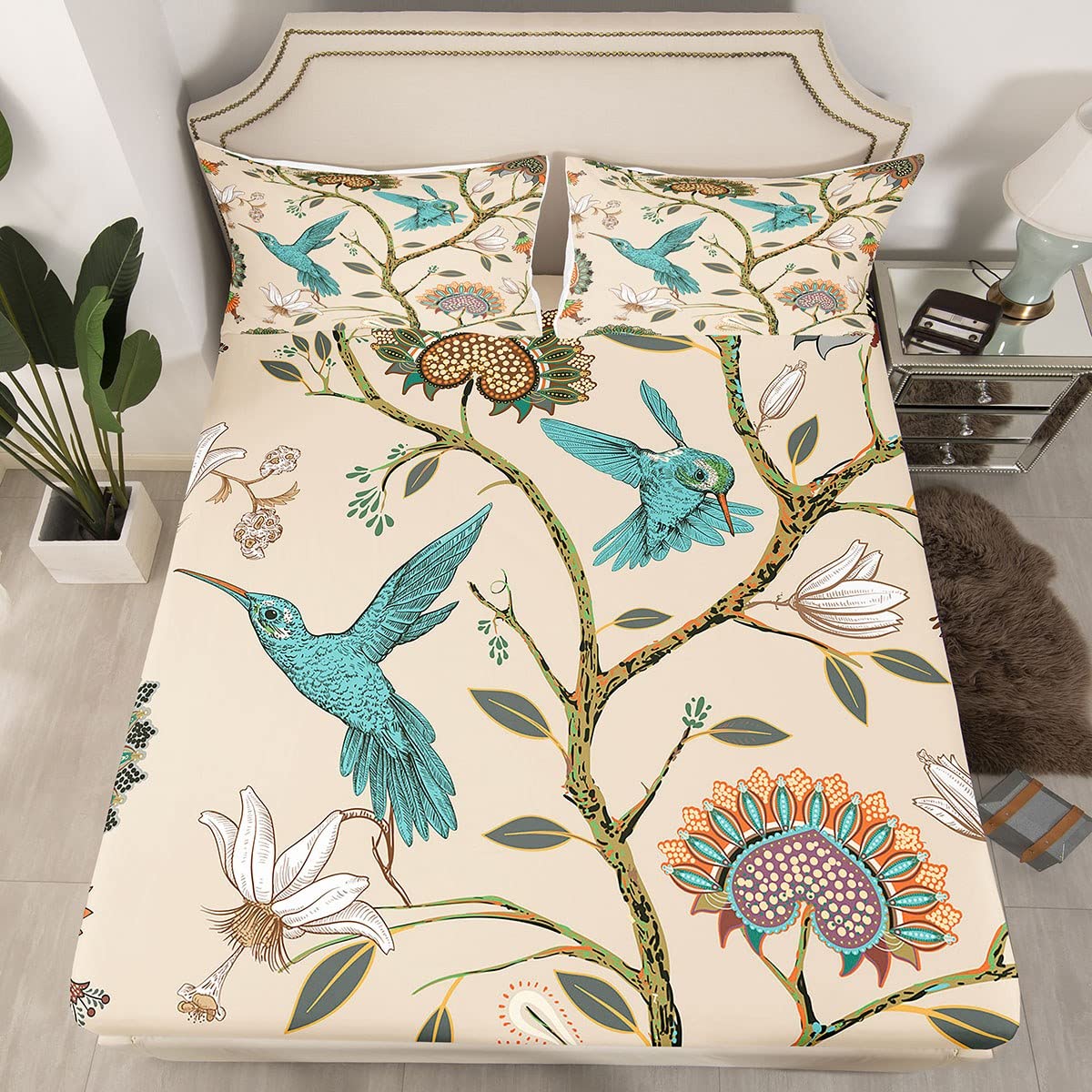 Blue Hummingbird Queen Sheet Set 4pcs - Heart Shaped Floral Animal Print Bedding with Deep Pocket Fitted Sheet, Flat Sheet & 2 Pillowcases | Soft Comfortable Bed Sheets for Kids & Teens Room Decor | Perfect for Nursery, Bedroom Makeover & Gift Giving