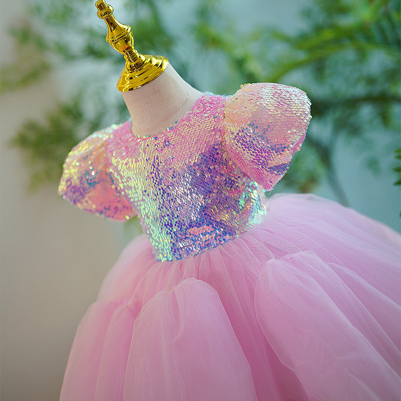 Sparkly Pink Sequin Tulle Princess Dress with Puff Sleeves - Tea Length Party Gown for Girls Birthday, Pageant, Photo Shoot & Special Occasions