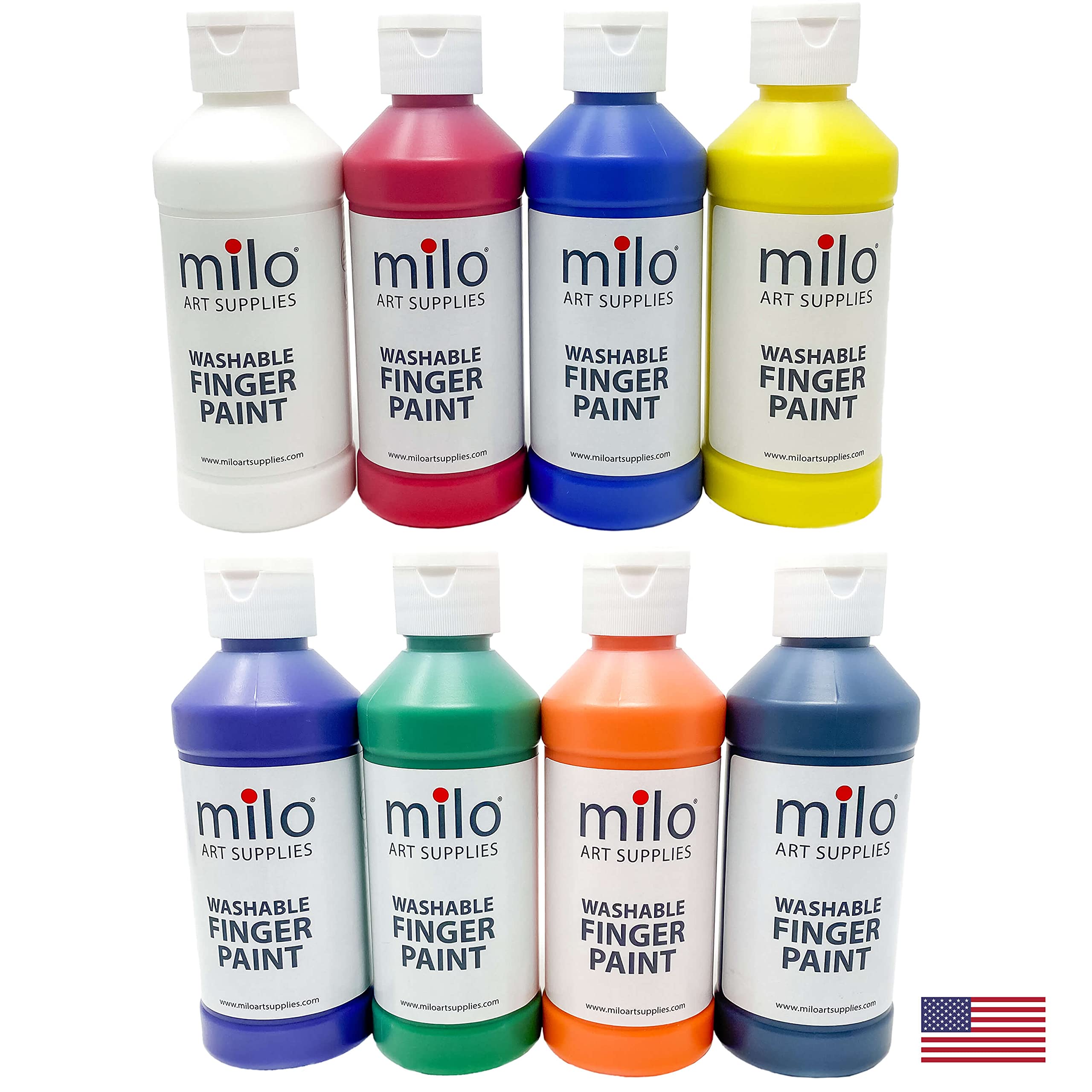 milo Kid's Washable Non-Toxic Finger Paint Set - 8 Vibrant Colors in 8 oz Squeeze Bottles | Safe Art Supplies for Toddlers & Preschoolers | Classroom, Birthday Party & DIY Craft Activities
