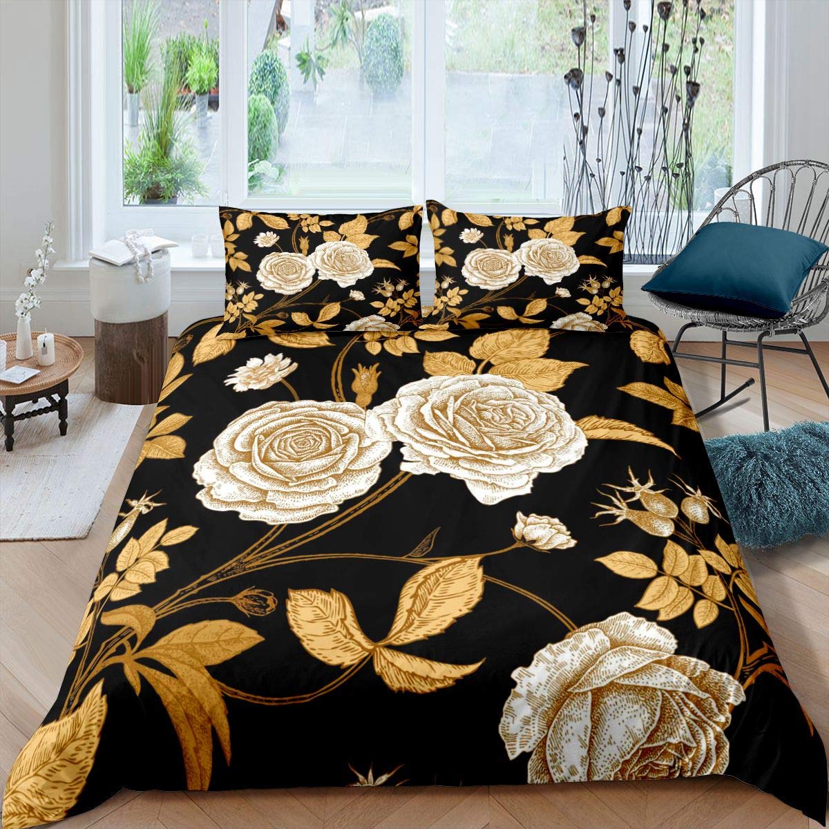Luxury Rose Floral Duvet Cover Set for Girls - Soft Romantic Flowers Pattern Comforter Cover with Zipper Closure - Full Size Golden Black Bedding Decor - Perfect for Kids' Room, Nursery, or Romantic Bedroom Decor