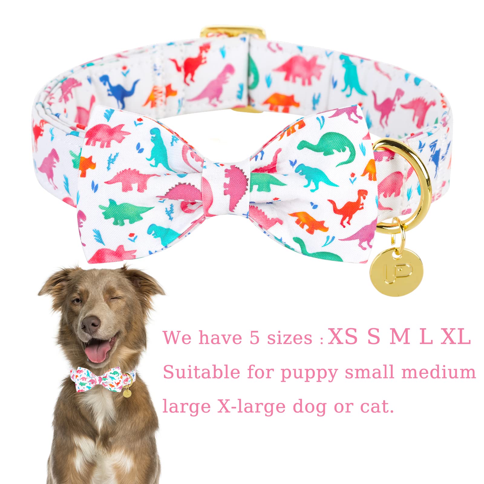 Dinosaur Bow Tie Dog Collar - Adjustable Cotton Pet Collar with Metal Buckle for Puppies, Dogs & Cats (XS) - Perfect for Parties, Weddings & Special Occasions
