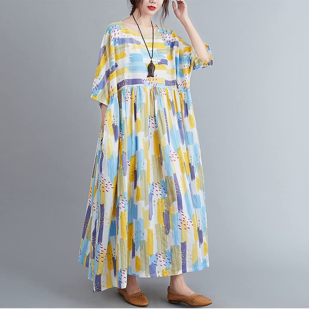 FEER Women's Vintage Print O-Neck Short Sleeve Summer Dress - Cotton Linen Blend Loose Casual Maxi Dress (One Size, Color B) for Beach Vacation, Garden Party & Boho Style Outfits