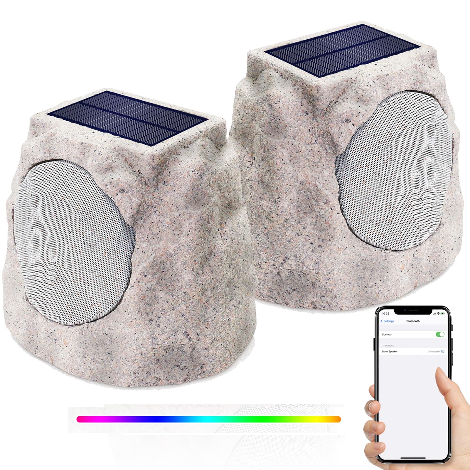 Outdoor Waterproof Solar Rock Speakers - Set of 2 Wireless Bluetooth Garden Speakers with TWS Pairing, RGB Lights & DC Charging | Perfect for Patio, Deck, Backyard, Pool Party & BBQ Entertainment