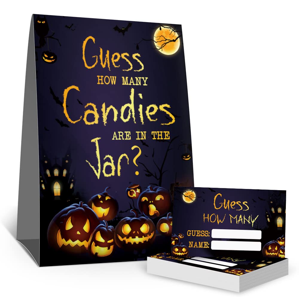 Halloween Guess How Many Candies Game Kit - 50 Fun Pumpkin Party Guessing Cards with Standing Sign - Perfect for Trick or Treat, Fall Festival Decorations & Spooky Party Activities