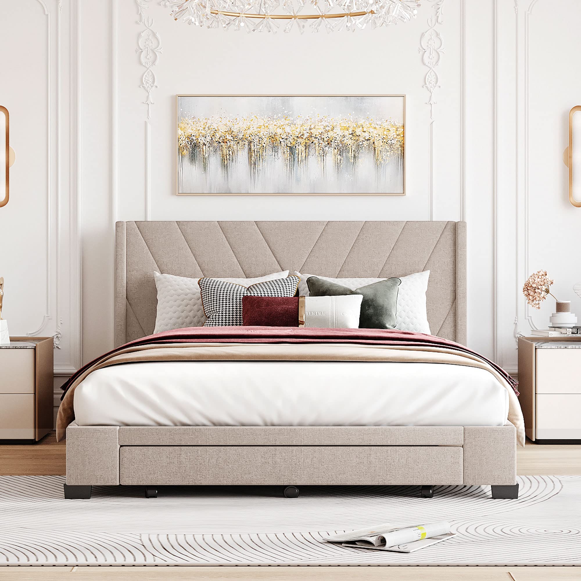 Merax Queen Size Linen Upholstered Platform Bed with 3 Storage Drawers & Headboard - No Box Spring Needed, Beige Modern Bed Frame for Small Space Bedroom, Guest Room & Apartment