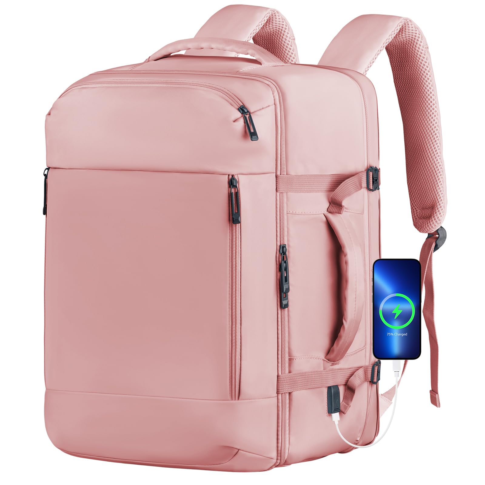 45L Airline Approved Carry On Travel Backpack for Women - Cute Underseat Personal Item Bag with Shoe Compartment - Perfect for Hiking, Outdoor Weekend Trips & Casual Daypack - Ideal Gift for Friends (Pink)