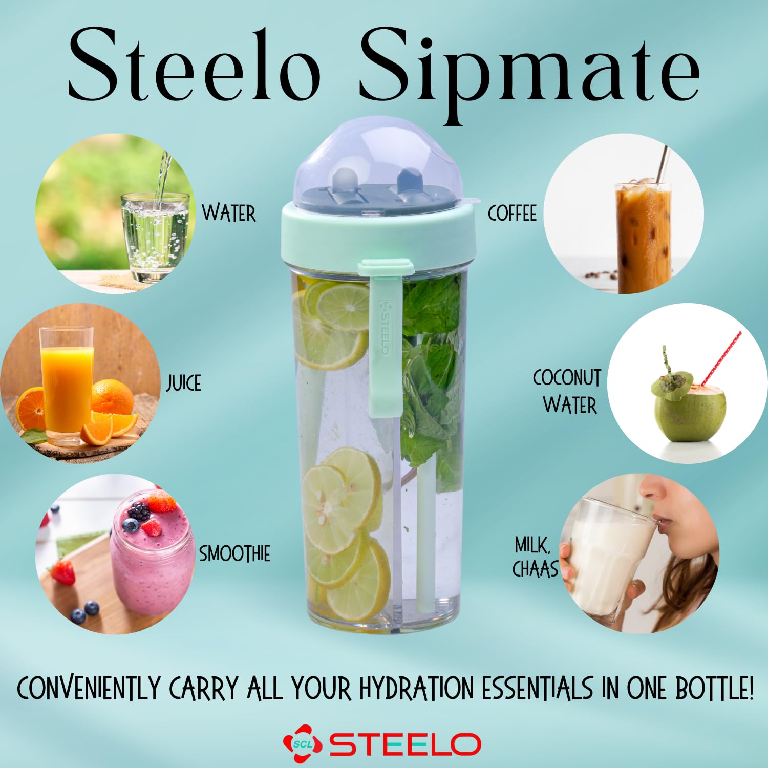 SCL Steelo Sipmate 2-in-1 Dual Sipper Water Bottle 600ml - BPA-Free PET Plastic for Detox Juice, Tea & Sports Drinks - Perfect for Gym, Hiking, Office & Travel (Eco-Friendly Green)