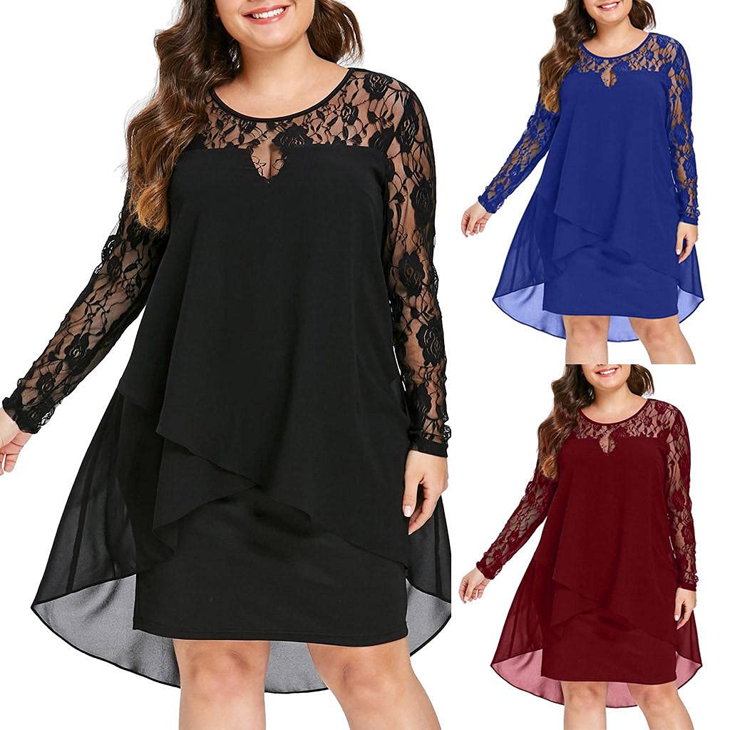 Plus Size Women's Casual Long Sleeve Lace Patchwork Shift Midi Dress - O Neck Ruffled Tiered Design for Wedding Guest, Party, Cocktail & Special Occasions