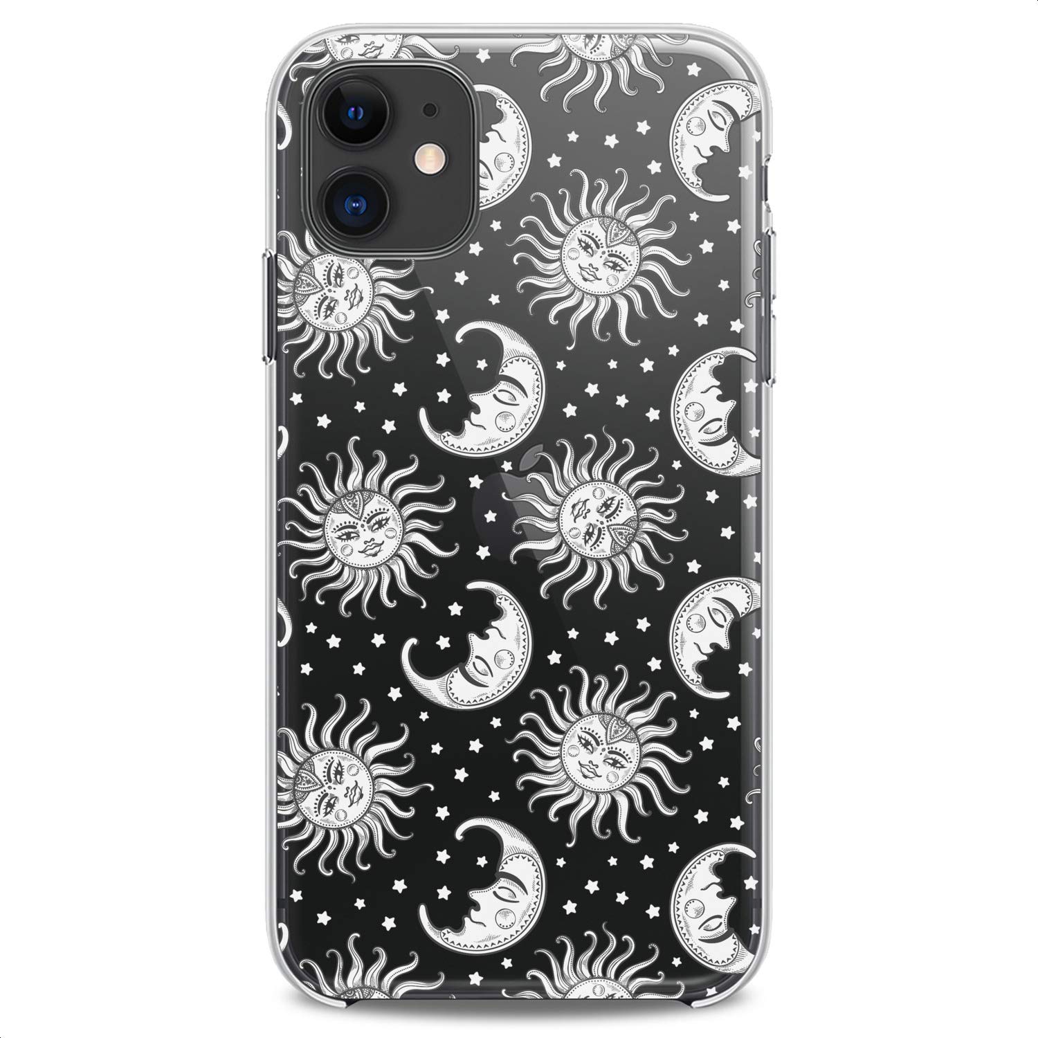 Premium TPU Phone Case for iPhone 16/15/14/13/12/11 Pro Max/Plus/Mini/Xs/Xr/X/8+/7/6/5/SE - Slim Clear Silicone Cover with Cute Celestial Space Stars Moon Sun White Print Design - Perfect for Everyday Protection & Stylish Accessory