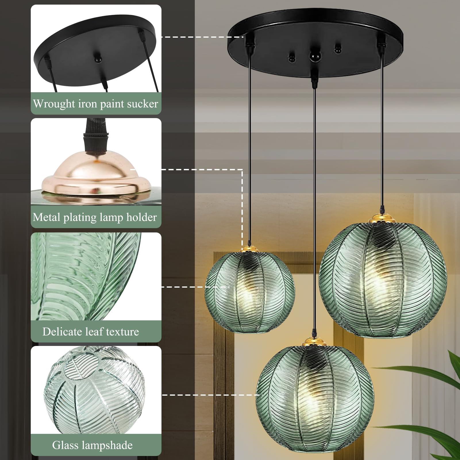 GXF 3 in 1 Green Glass Pendant Light Fixtures - E26 E27 Large Glass Chandelier with Ribbed Blown Glass Globe Shade - Mid Century Modern Hanging Ceiling Light for Living Room, Restaurant, Bar & Cafe Lighting Decor