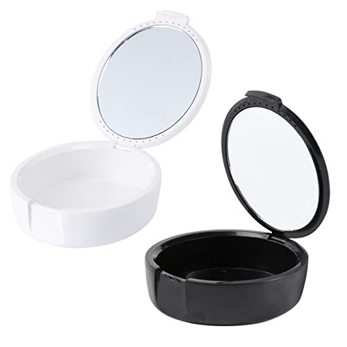 EXCEART 2-Piece Denture Storage Case with Mirror - Waterproof Denture Bath Box & Retainer Container for False Teeth - Travel-Friendly White & Black Design (Perfect for Home, Travel & Overnight Stays)