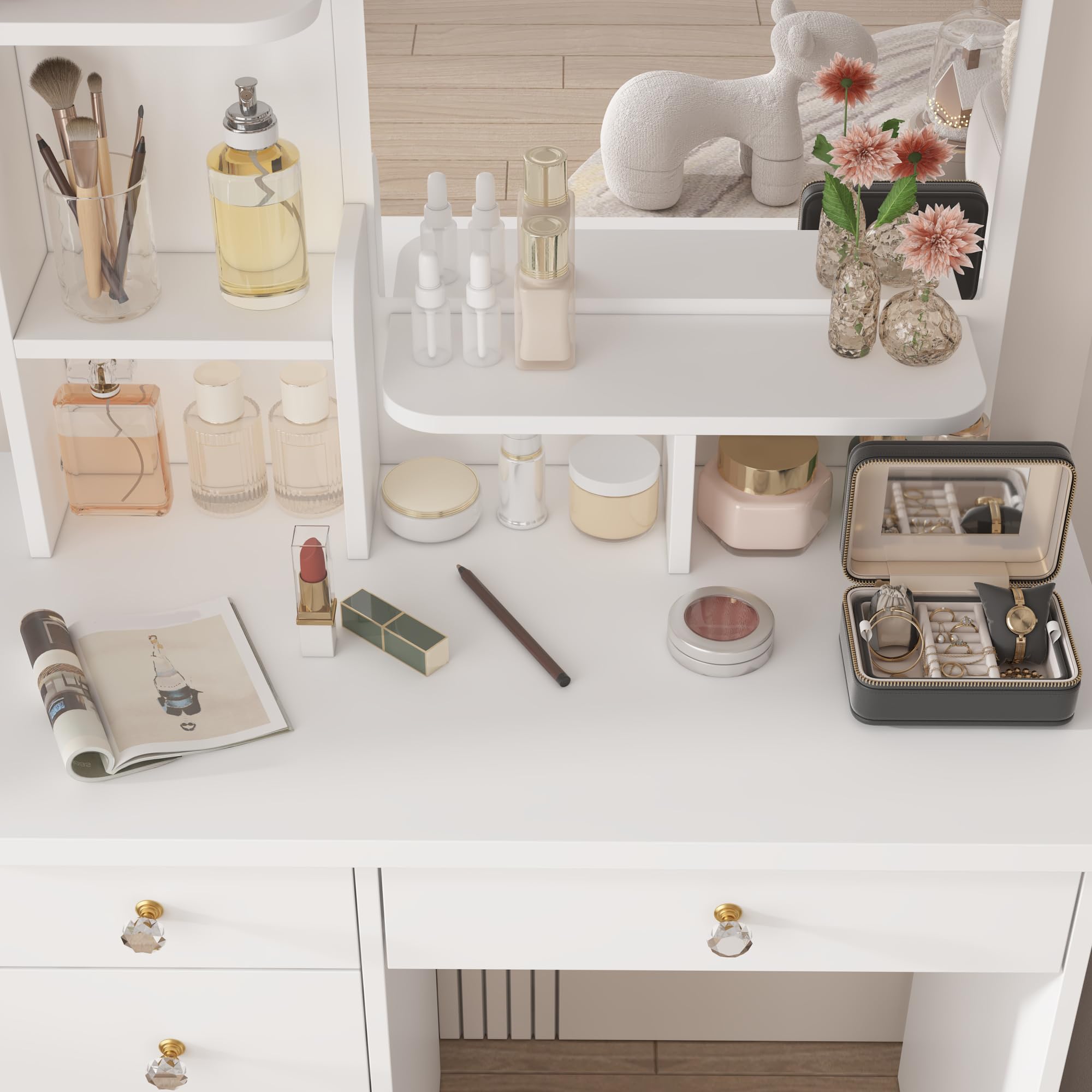 AIEGLE White Vanity Desk Set with Rectangular Mirror - Makeup Dressing Table with Shelves & Cushioned Stool, Perfect for Bedroom, Bathroom or Dressing Room Organization