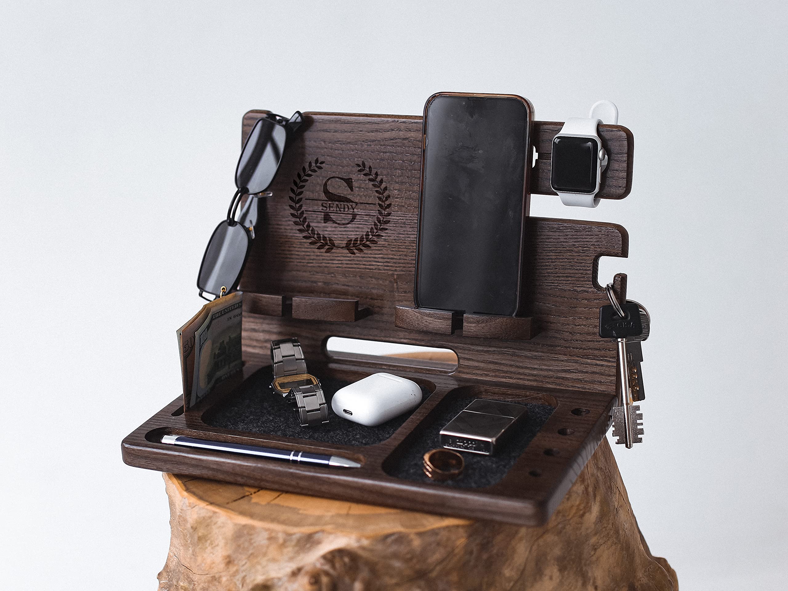 Personalized Wooden Phone Stand & Desk Organizer - Multi-Function Charging Station for iPhone, Android, Smartwatch & Wallet | Perfect Gift for Men, Office & Nightstand Use