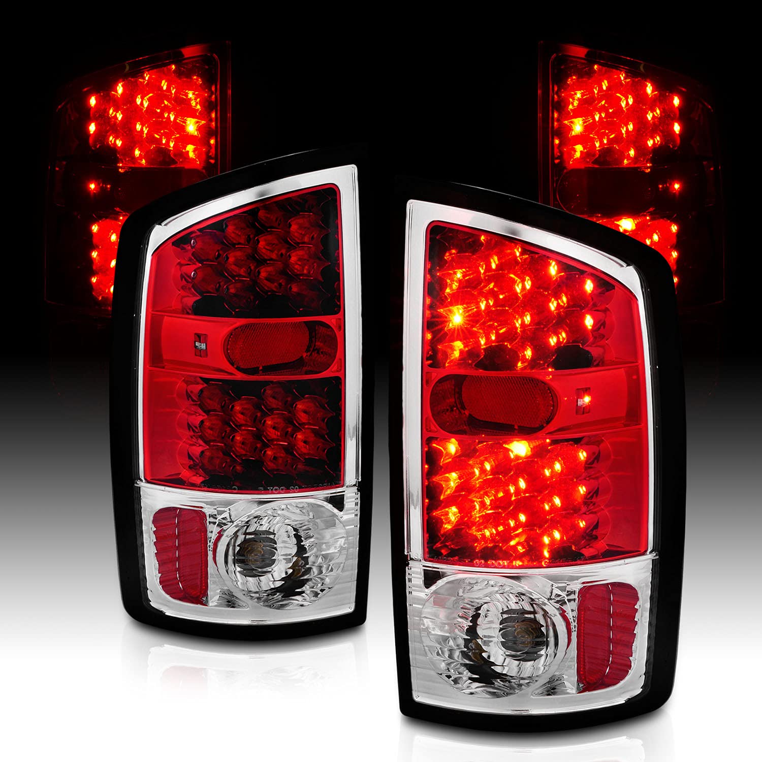 AmeriLite Clear Red LED Tail Lights Replacement Set for 2002-2006 Dodge Ram 1500/2500/3500 Pickup Truck - Left & Right Side - Bright & Durable for Night Driving & Enhanced Safety