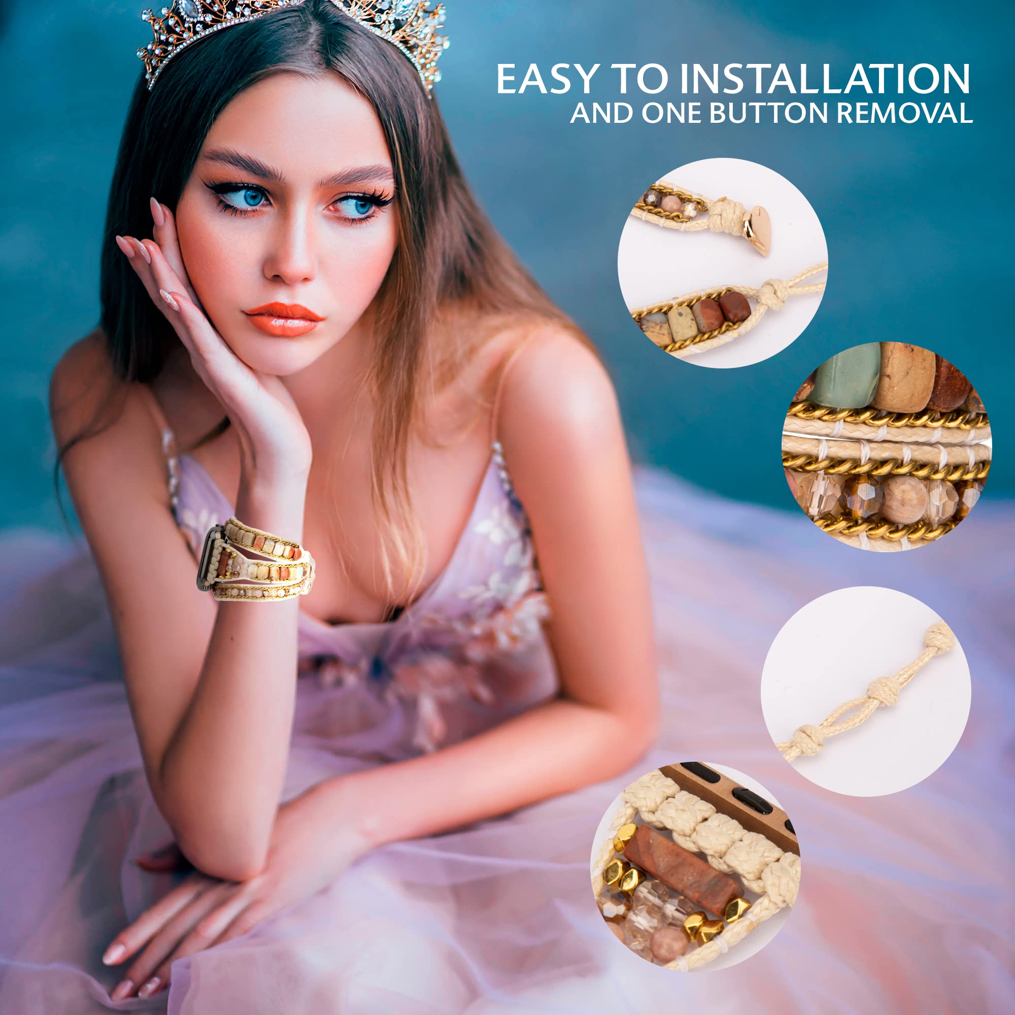Handmade Boho Leather Watch Band for Apple Watch Series 8/7/6/5/4/3/2/1/SE (38/40/41mm) - Mahogany Grain Bracelet Strap, Perfect for Casual & Festival Outfits