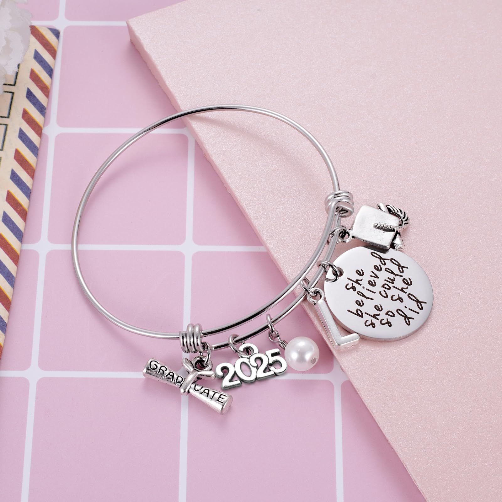 Ukodnus Class of 2025 Graduation Bracelet - Personalized 26 Initial Charm Bracelet for High School & College Seniors - Inspirational Gift for Her - Perfect for Graduation Ceremonies, Parties & Keepsakes