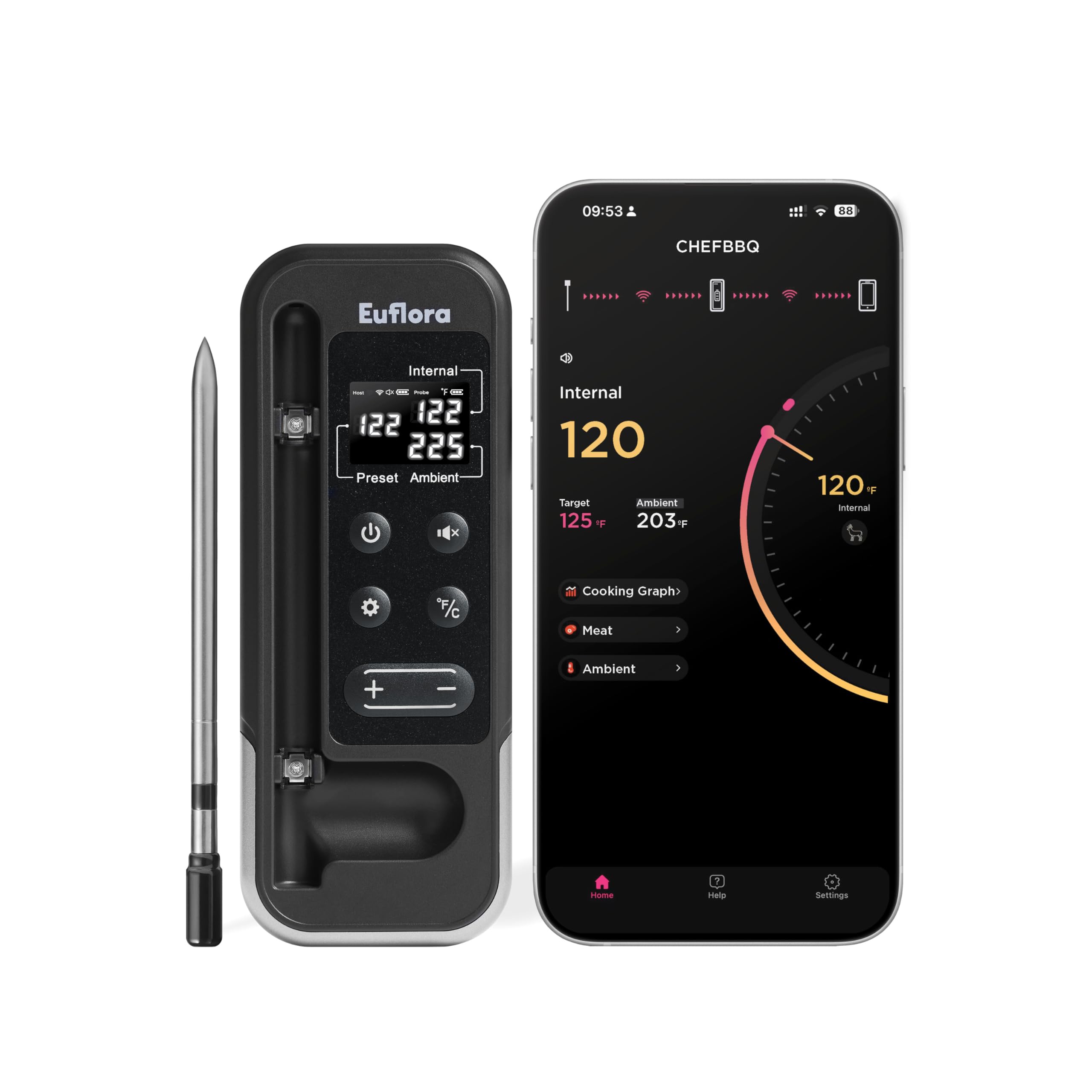 Wireless Meat Thermometer with Digital Probe - Bluetooth BBQ Thermometer for Grilling, Smoking & Oven Cooking - 800ft Range, Internal & Ambient Temp Monitoring - Perfect for Outdoor Cooking, Backyard BBQs & Kitchen Use (Black)