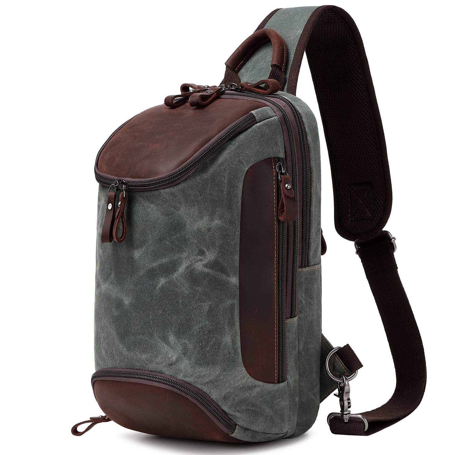 Men's Waxed Canvas & Leather Crossbody Sling Bag - Military Green Chest Shoulder Backpack for Travel, Hiking & Everyday Use