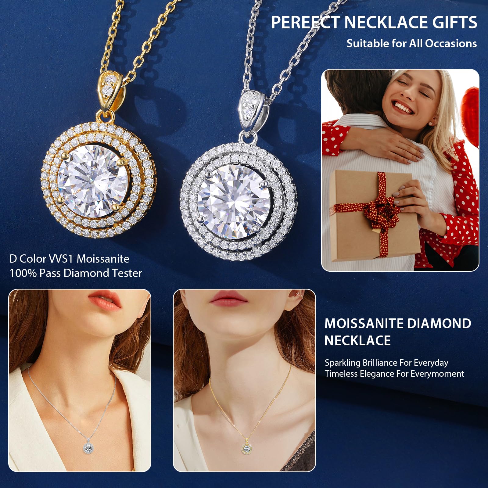 1-4CT Moissanite Pendant Necklace for Women - Sterling Silver Halo Round Heart Cut Jewelry, 18+2 Inch Adjustable Chain, Perfect Anniversary Birthday Gift for Wife Mom (Ideal for Weddings, Date Nights & Special Occasions)