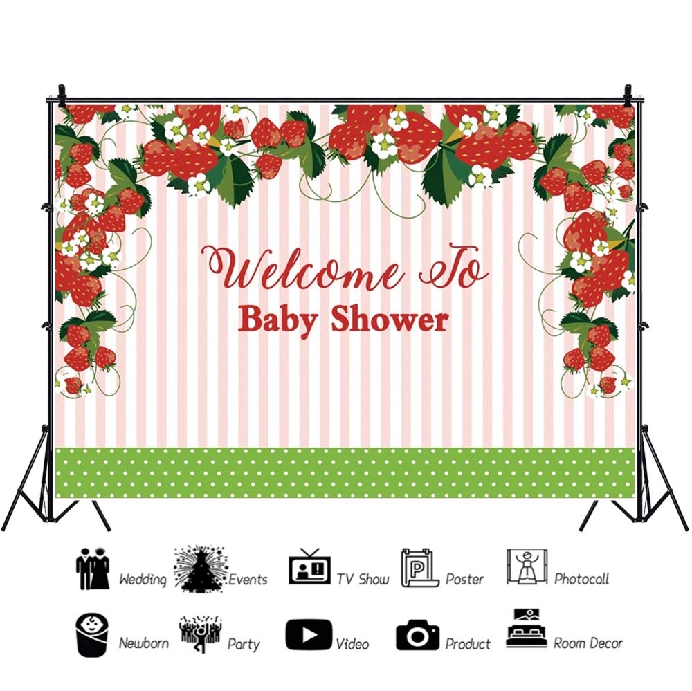 5x3ft Pink and White Striped Strawberry Baby Shower Backdrop - Photography Background for Newborn, Infant, Wedding, Bridal & Bachelorette Parties, Banquet Wall Decor | Perfect for Nursery, Birthday Celebrations & Photo Shoots