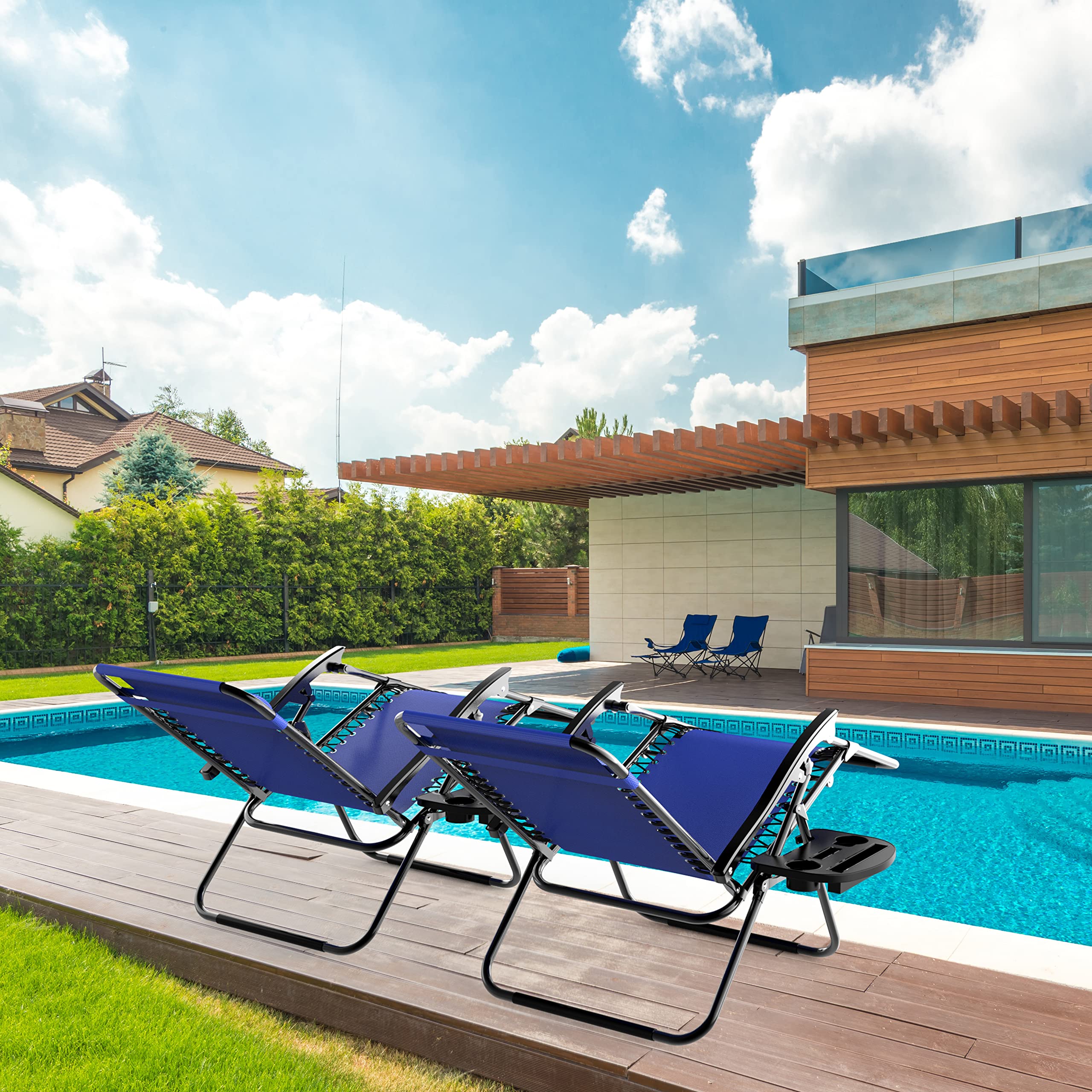 2 Pack Zero Gravity Lounge Chairs - Adjustable Reclining Patio Chairs with Pillow & Cup Holder, Foldable Outdoor Camping Chairs for Backyard, Porch, Beach (Navy Blue) | Perfect for Relaxing, Sunbathing & Outdoor Lounging