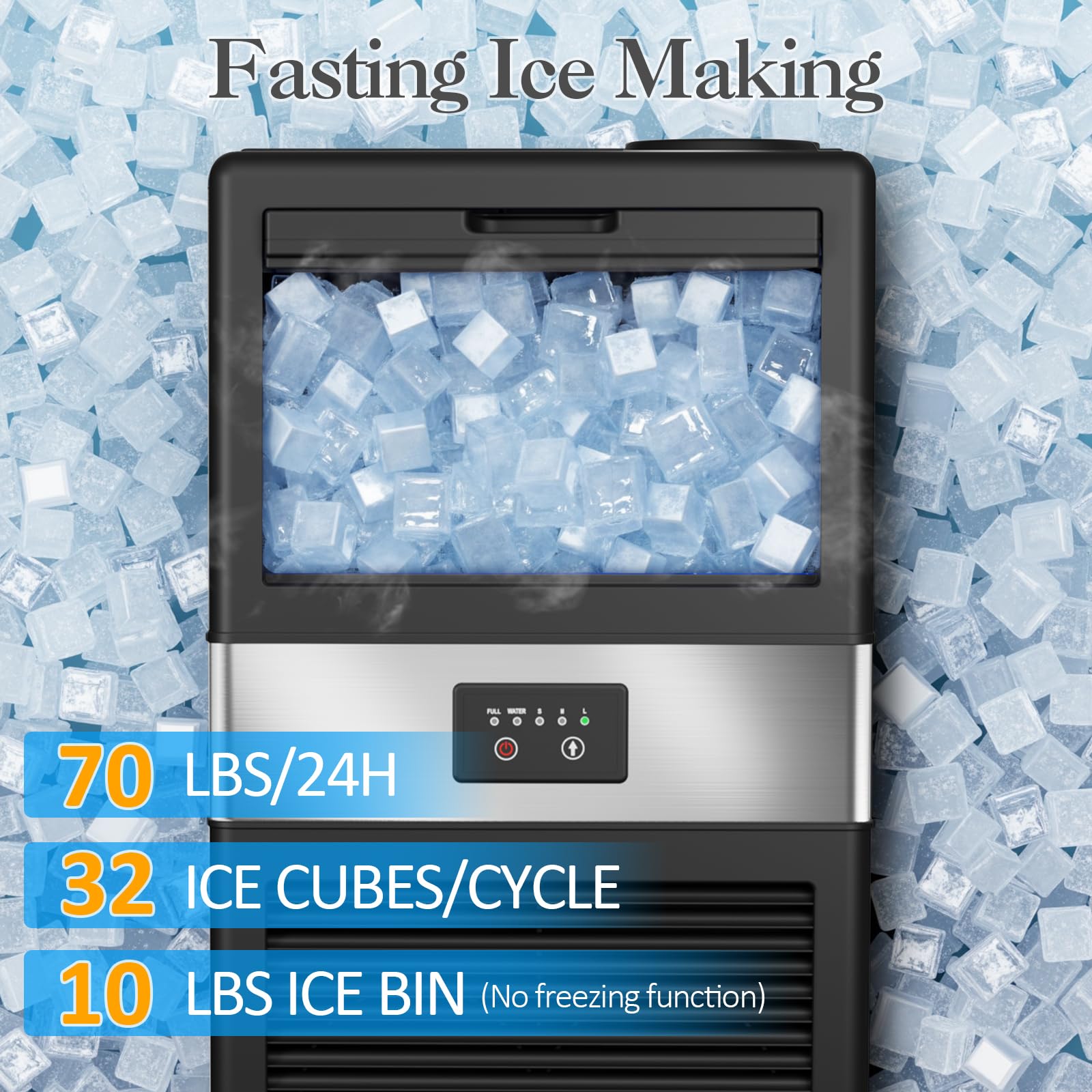 Commercial Ice Maker Machine - Freestanding 80 lbs/24H Cabinet Ice Maker with Auto Self-Cleaning, 3 Ice Thickness Options, Tap Water Inlet | Fast 11-20 Min Ice Production (36 Cubes) | Perfect for Home, Office, Bar, Restaurant & Party Use
