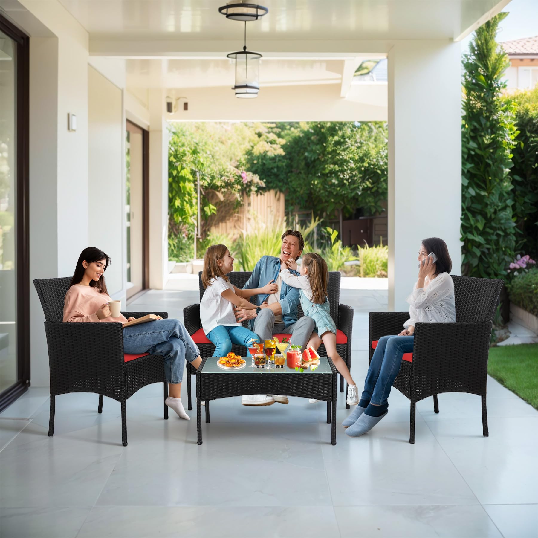 PROHIKER 4-Piece Outdoor Wicker Patio Furniture Set with Cushions & Glass Table - Rattan Sofa & Chairs for Garden, Poolside, Backyard or Yard - Black/Red - Perfect for Relaxing, Entertaining & Outdoor Dining