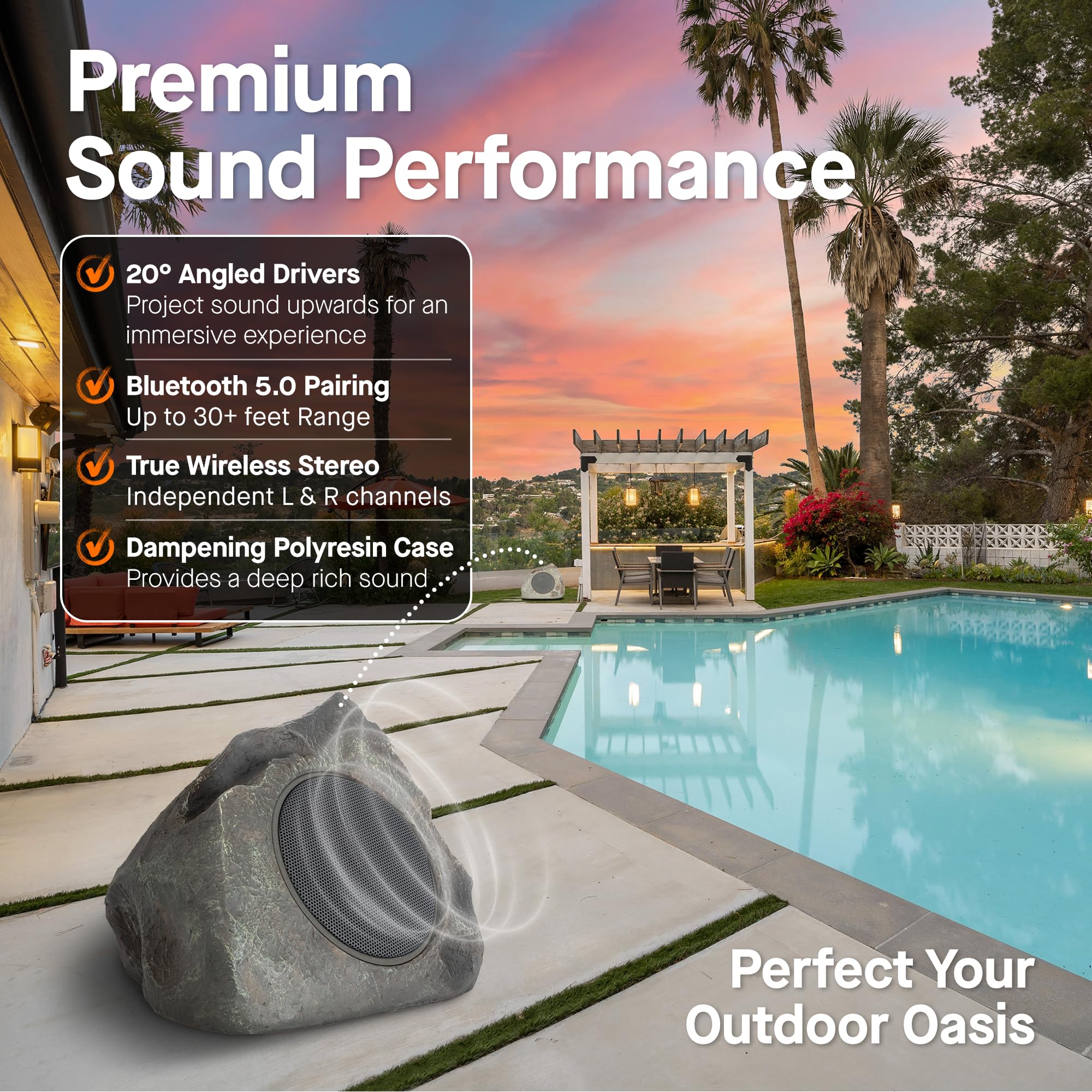 Homewell Solar Rock Speakers - Wireless Bluetooth Outdoor Waterproof Speakers - Weatherproof Landscape Speakers for Pool, Patio, Deck, Backyard, Garden - Year Round Outdoor Use (2-Pack, Grey) - Perfect for Summer BBQs, Pool Parties & Garden Relaxation