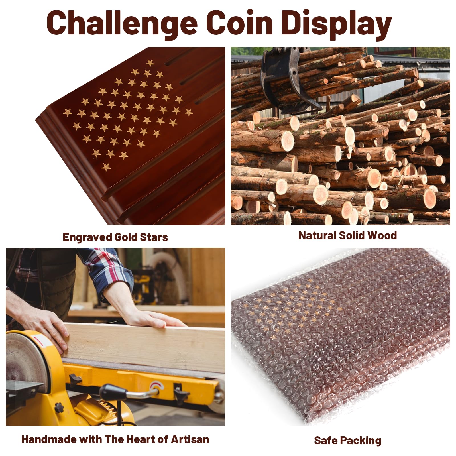Samplife Military Challenge Coin Display - 6 Row Wooden Army Coin Rack Holder with American Flag - Solid Collectible Coin Stand for Military Medals, Police Badges & Commemorative Coins - Perfect for Home Office, Man Cave or Gift Display