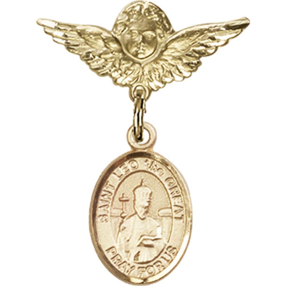 St. Leo The Great Gold Filled Baby Badge with Angel Wing Charm - 1 X 3/4 Inch Religious Pin for Baptism, Christening & First Communion Gifts