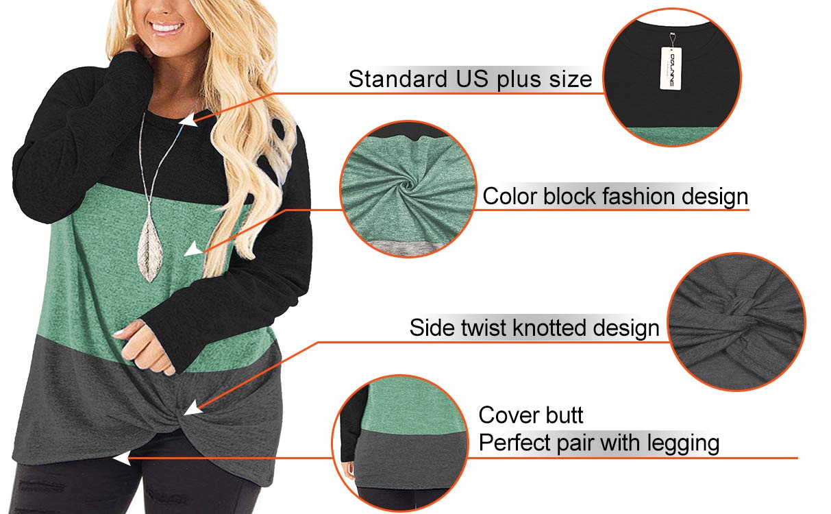 DOLNINE Women's Plus Size Knotted Long Sleeve T-Shirt - Loose Casual Blouse for Everyday Wear, Work & Date Night Outfits
