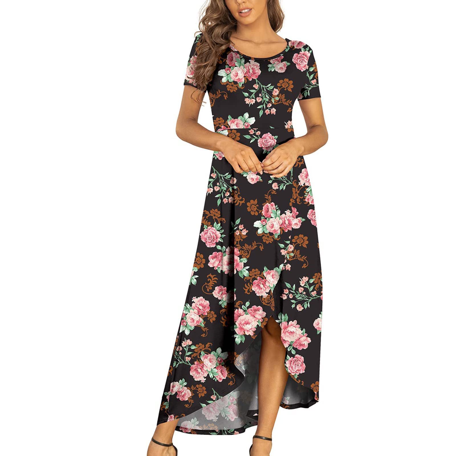 Women's Floral Wrap Maxi Dress - Short Sleeve Summer Beach Dress with High-Low Hem | Perfect for Vacations, Pool Parties & Casual Outings