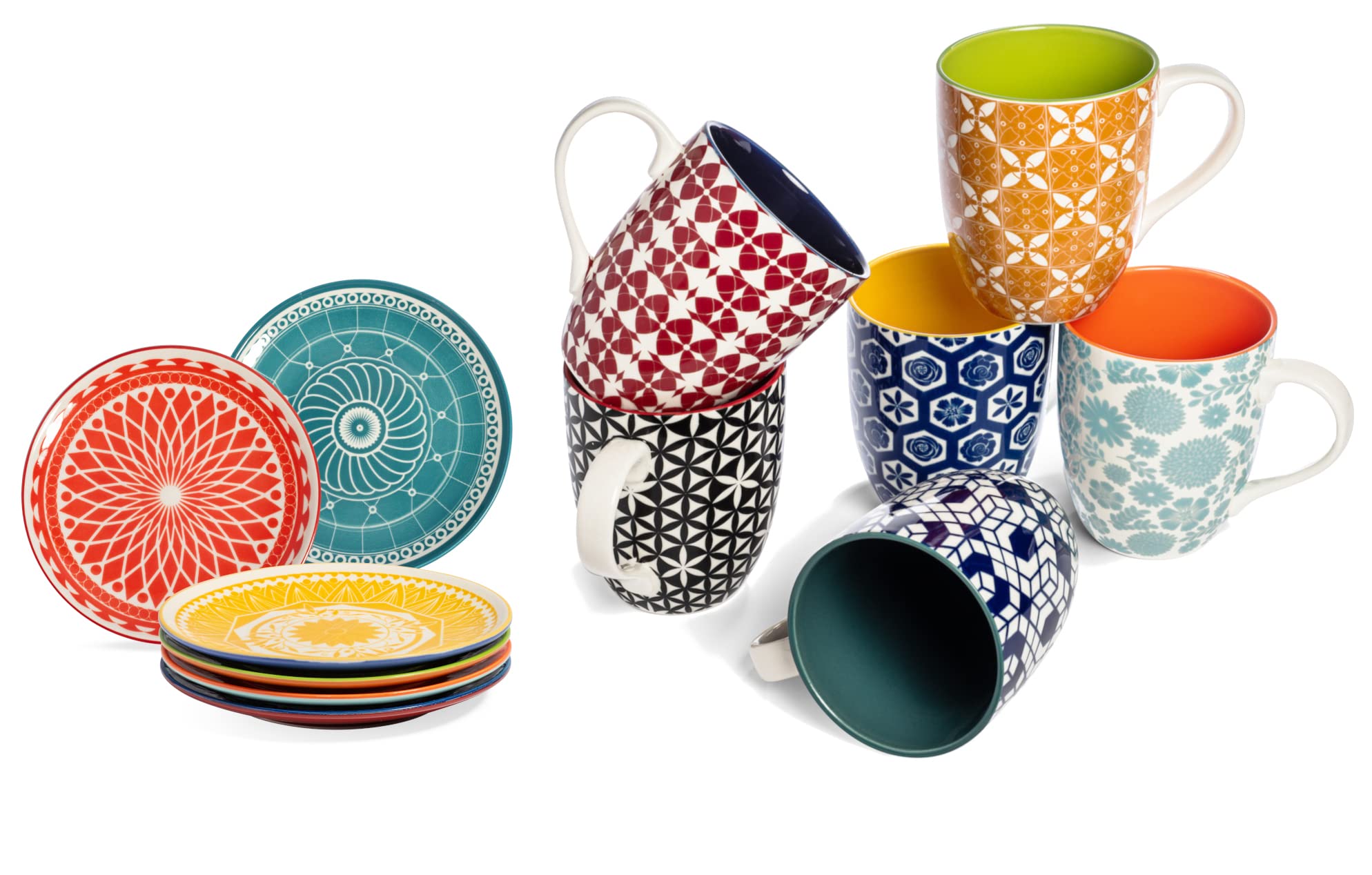 Annovero Colorful Porcelain Coffee Mugs & Dessert Plates Set - Microwave & Dishwasher Safe Kitchen Dinnerware for Home, Office & Restaurant Use
