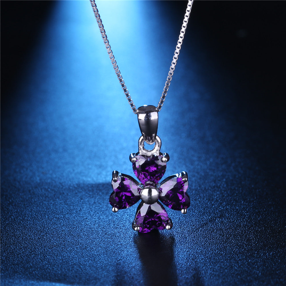 MABELLA 925 Sterling Silver Simulated Amethyst & Blue Topaz Heart-Shaped Four Leaf Clover Pendant Necklace for Women - Elegant Gift for Valentine's Day, Anniversary & Special Occasions