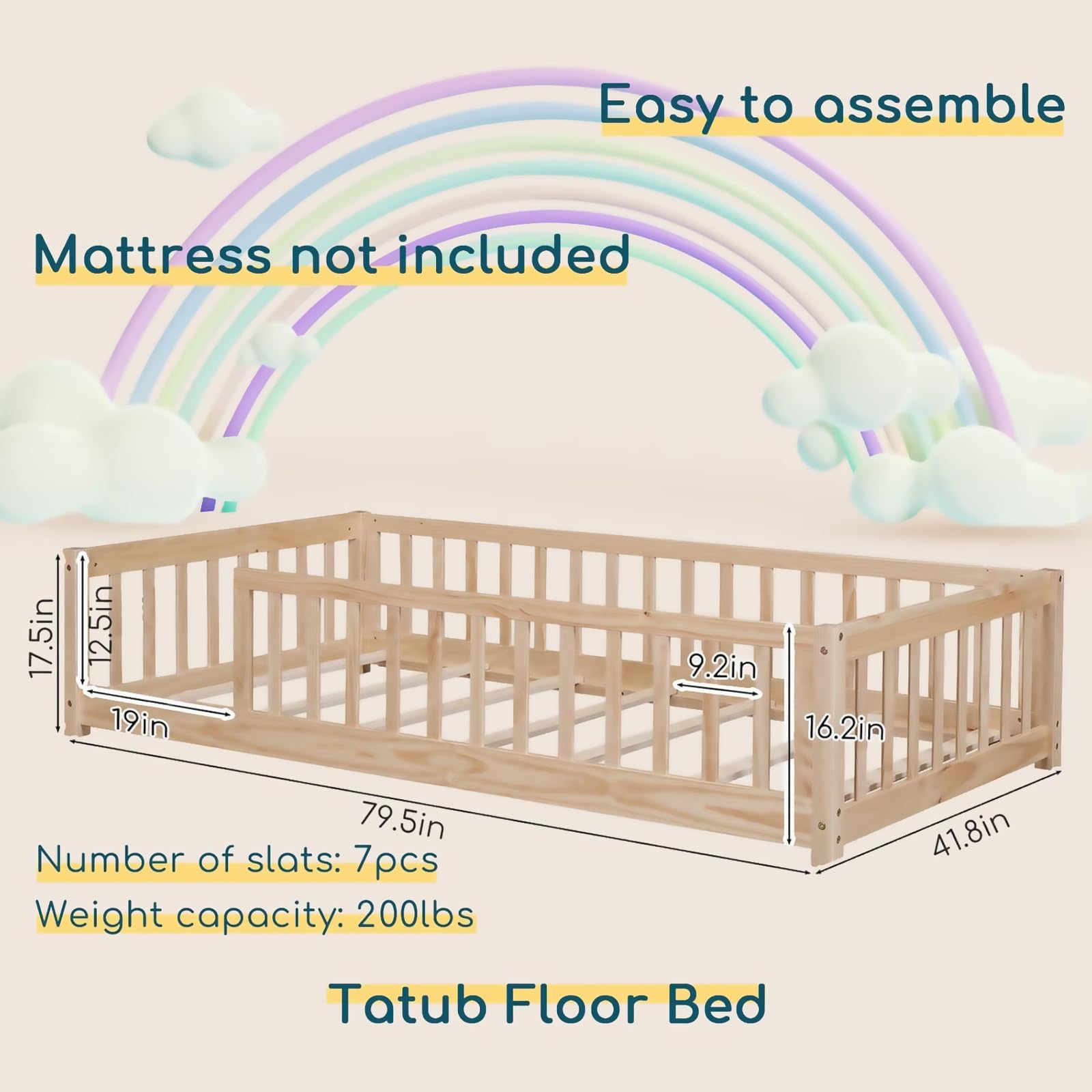 **Montessori Twin Floor Bed with Safety Guardrails & Slats - Kids Wood Bed Frame for Boys & Girls - Low Profile Toddler Bed for Safe Sleep & Play - Perfect for Montessori Rooms, Daycare, or Nursery**
