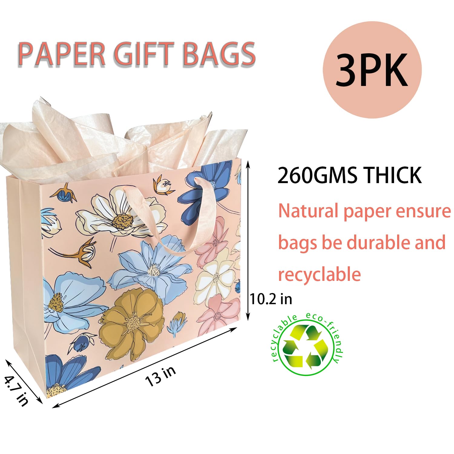 AMROSE 13'' Floral Gift Bags 3PK with Card - Recyclable for Birthdays & Weddings
