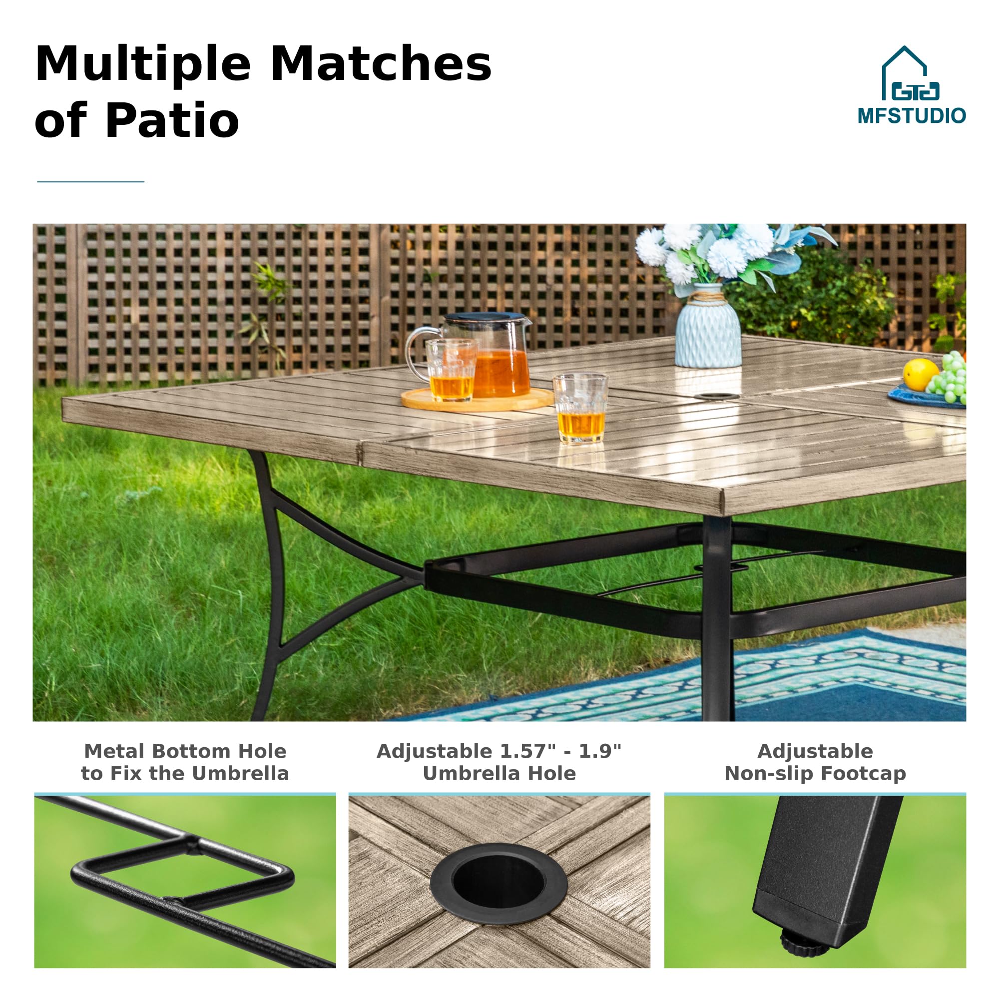 MFSTUDIO 60 Inch Square Metal Outdoor Dining Table - Large 8 Person Patio Table with 1.57