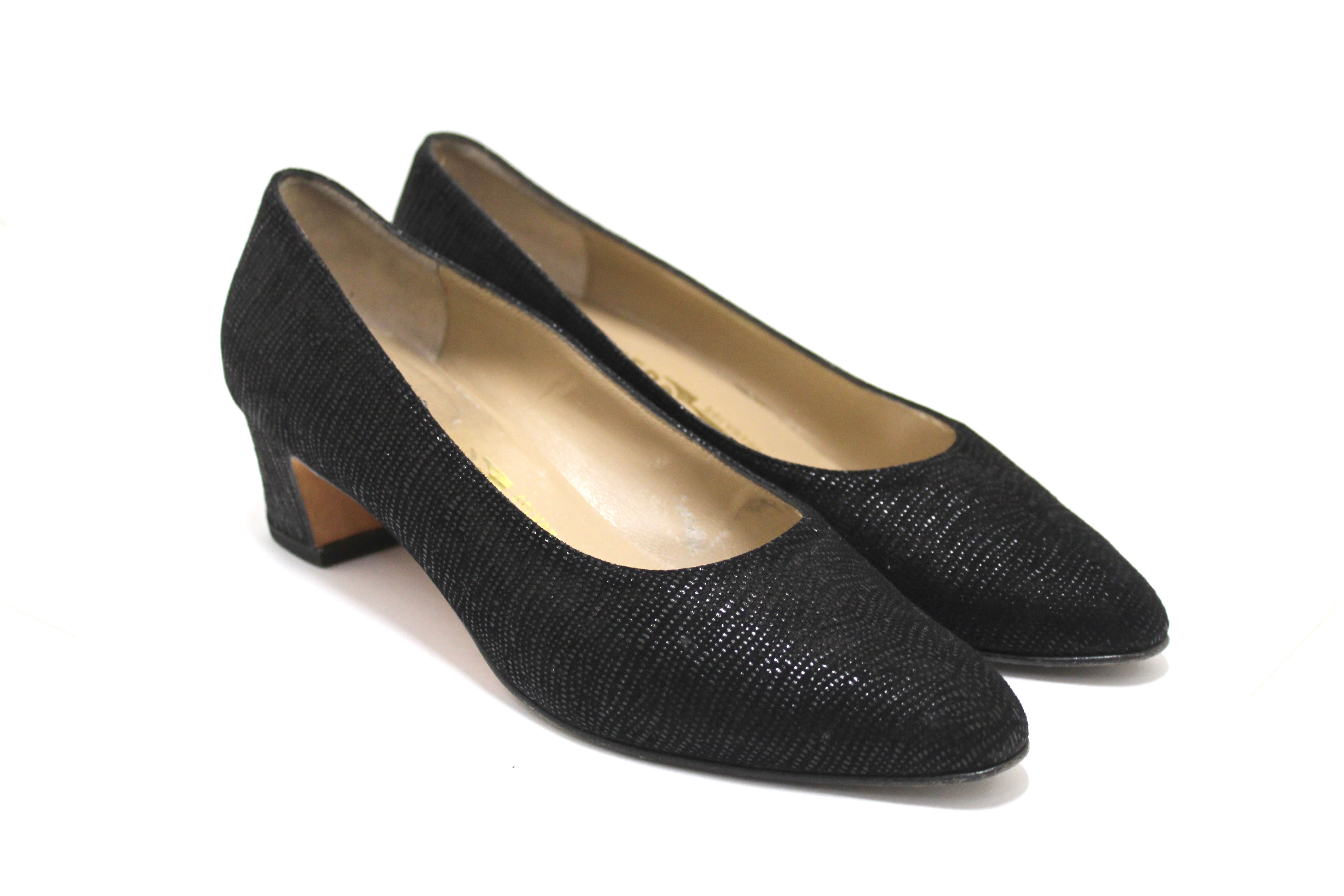 Authentic Salvatore Ferragamo Black Embossed Suede Leather Kitten Heel Pumps - Women's Size 6 B (US) - Perfect for Office, Parties & Special Occasions
