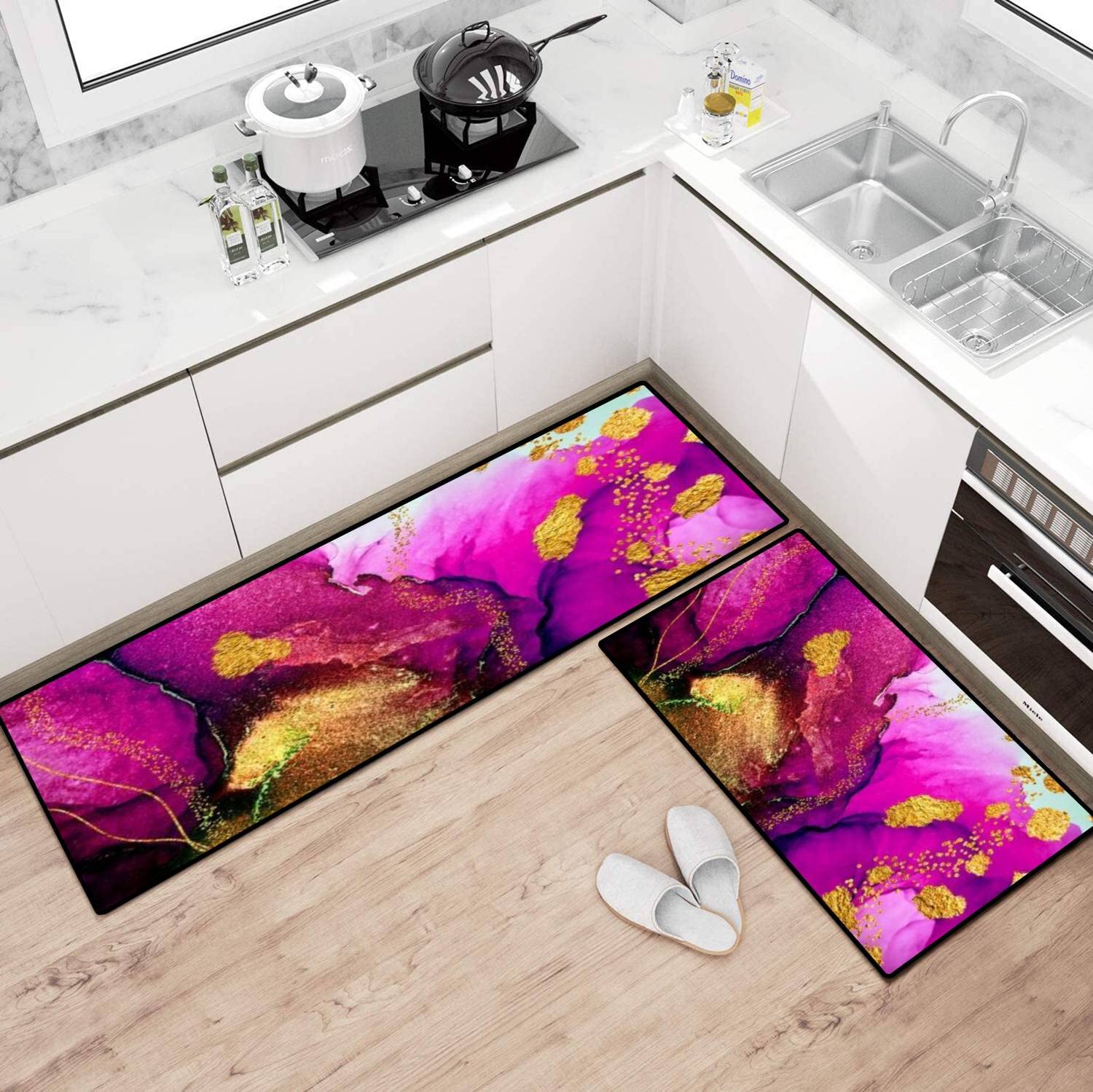 Royal Purple Gold Kitchen Rugs Set - Non-Slip Washable Floor Mats for Cooking Comfort