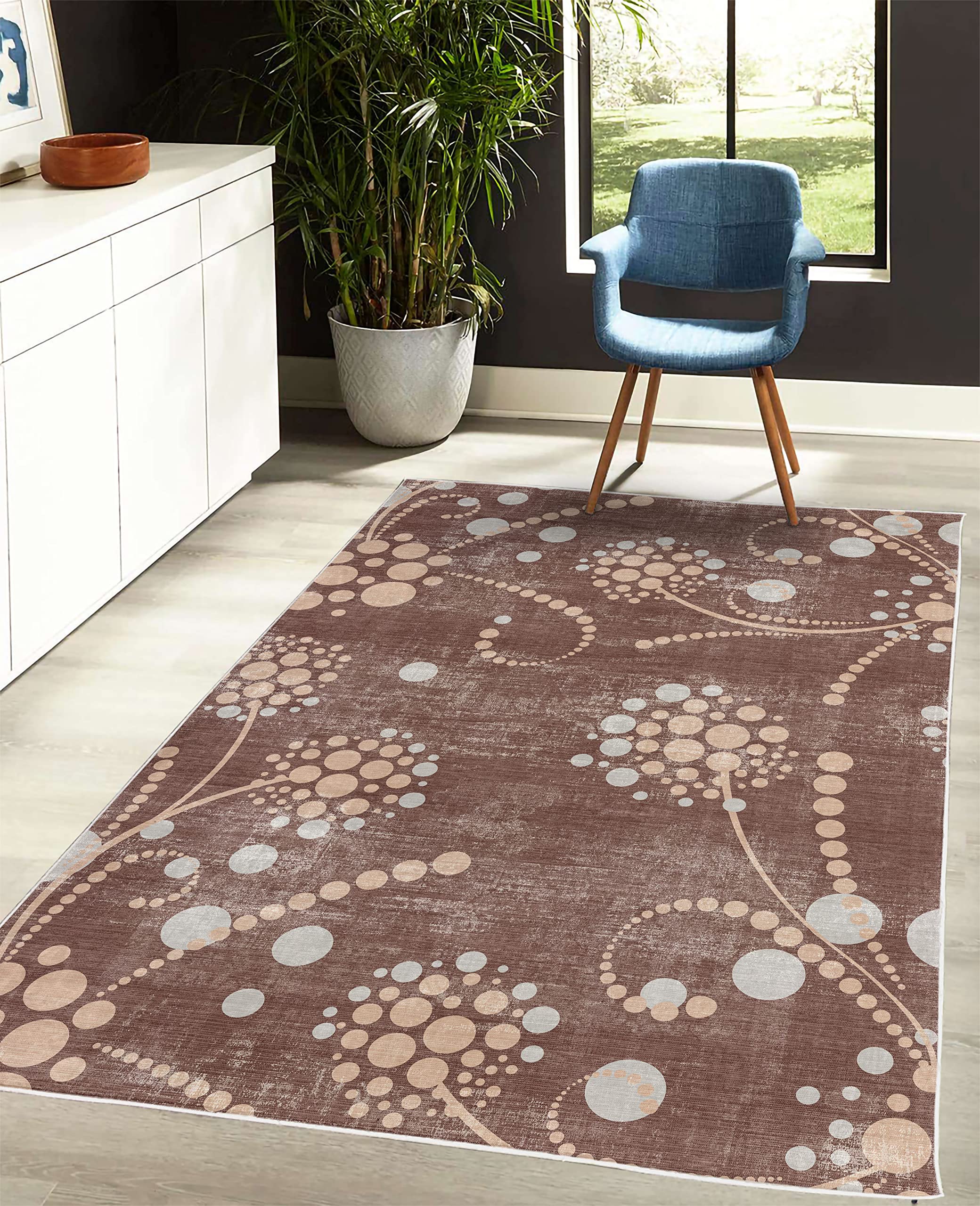 Ambesonne Abstract Spiral Floral Modern Rug with Polka Dots - 5'1
