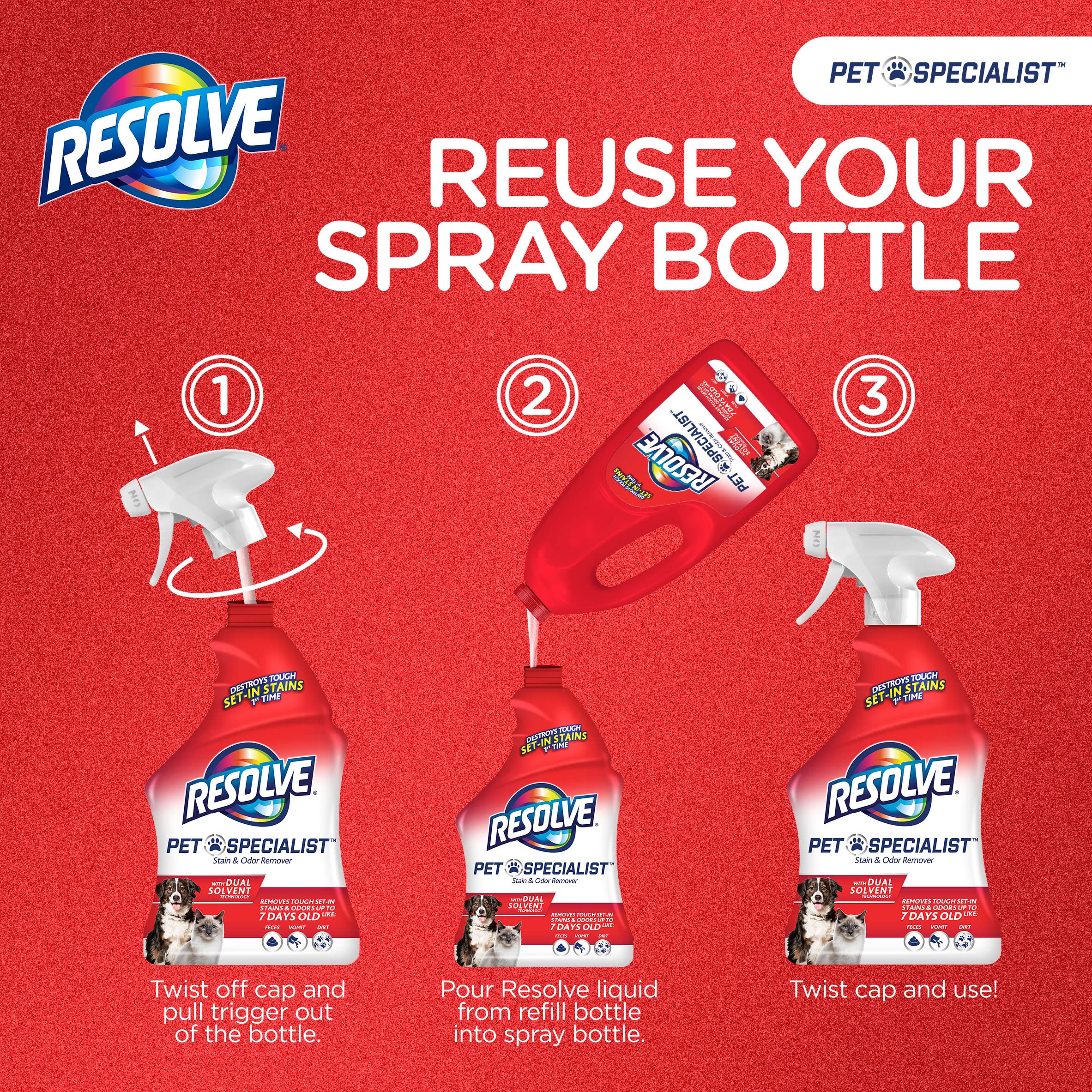 Resolve Pet Specialist Carpet Cleaner Spray - 32oz Stain & Odor Remover for Dogs & Cats with 60oz Refill - Eliminates Pet Accidents, Urine Smells & Messes - Perfect for Carpets, Upholstery & Pet Areas