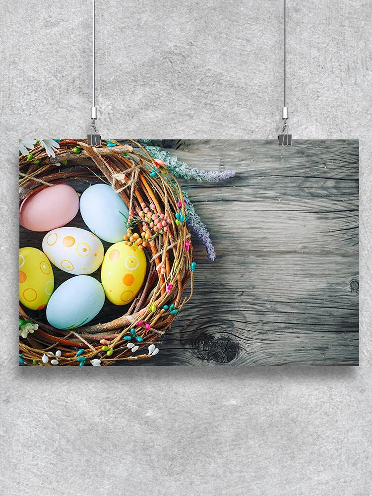 Easter Basket with Eggs and Flowers - Spring Home Decor Wall Poster for Living Room, Nursery & Easter Party Decorations