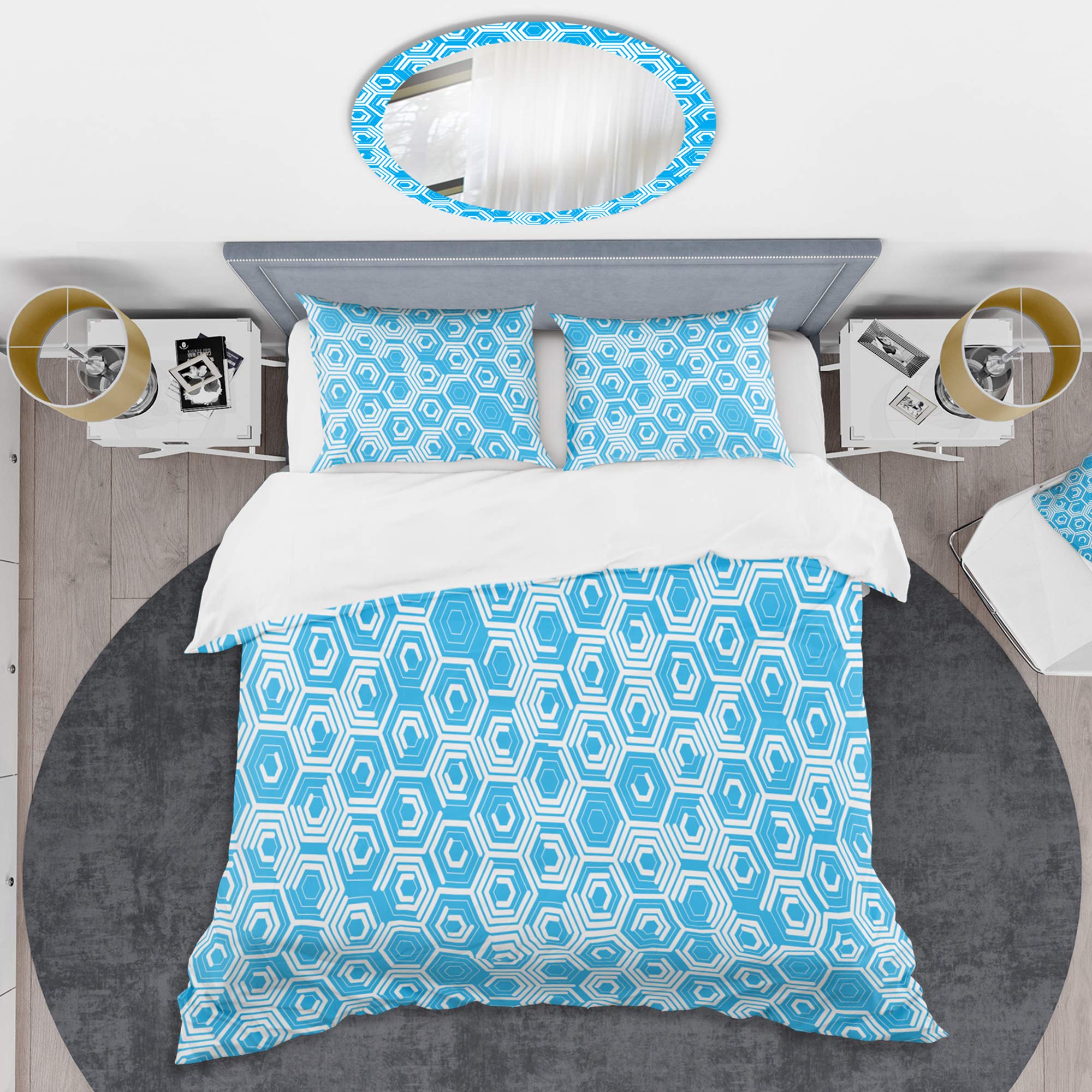 DesignQ Retro Hexagon Pattern VII Mid-Century Modern Duvet Cover Set - Blue Queen Size 3-Piece Bedding Set | All Season Comfort for Master Bedroom, Guest Room & Airbnb