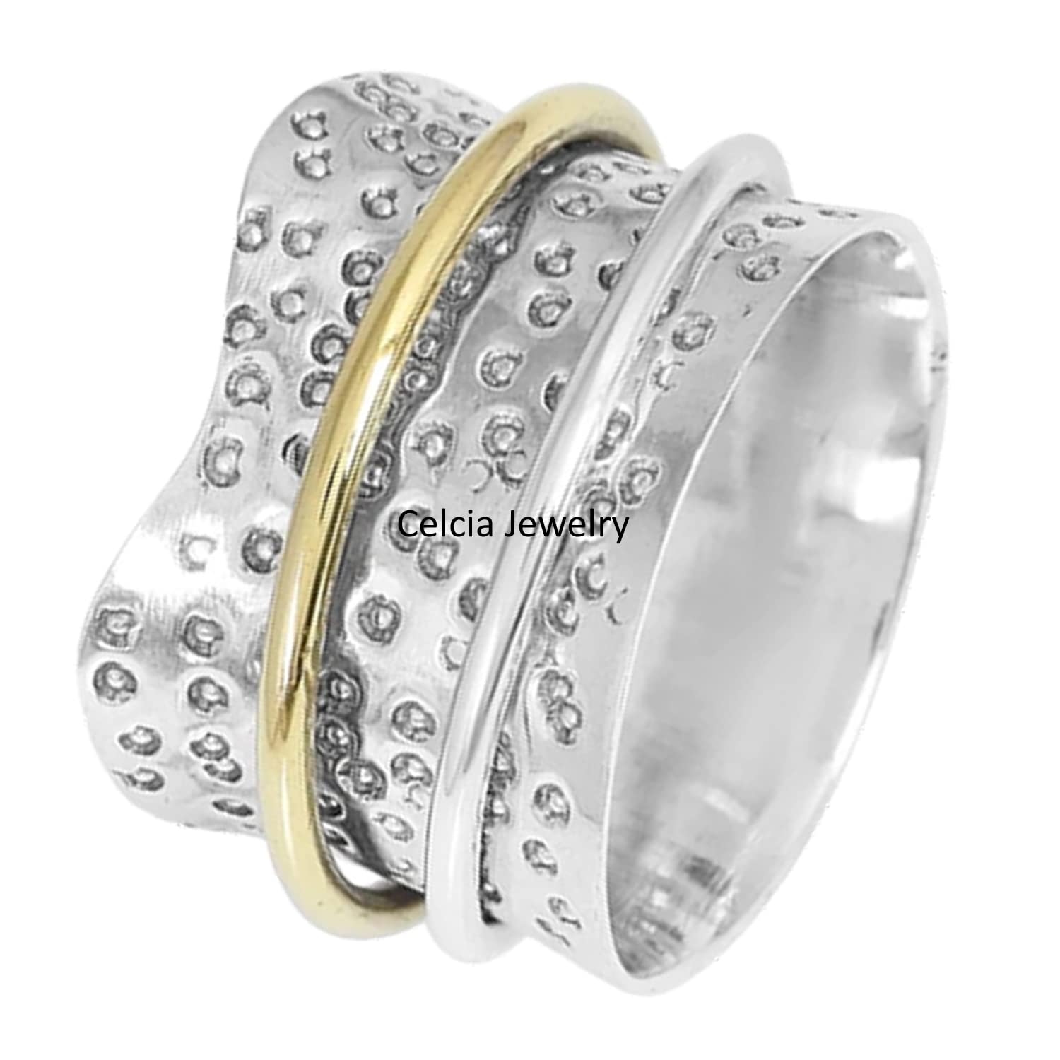 925 Sterling Silver Spinner Ring for Women - Handmade Anxiety Relief Ring, Boho Meditation Jewelry, Two-Tone Hammered Worry Ring (Size 7) - Perfect for Stress Relief, Mindfulness Practice & Fashion Accessories