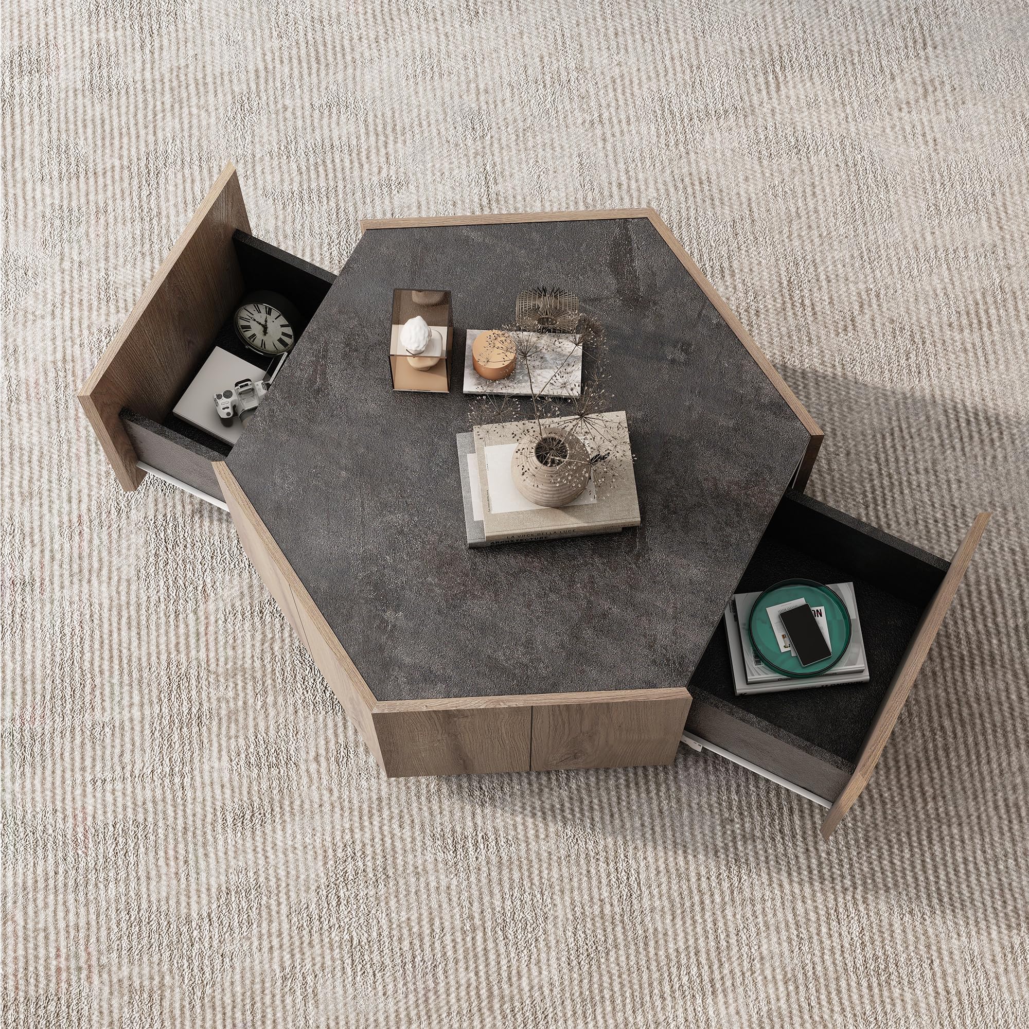 Yoglad Hexagonal Small Coffee Table Set of 2 with 4 Drawers - Modern Industrial Style Nesting Side Tables for Living Room & Bedroom - Textured Black & Warm Oak Finish - Perfect for Small Spaces, Apartments and Cozy Home Decor